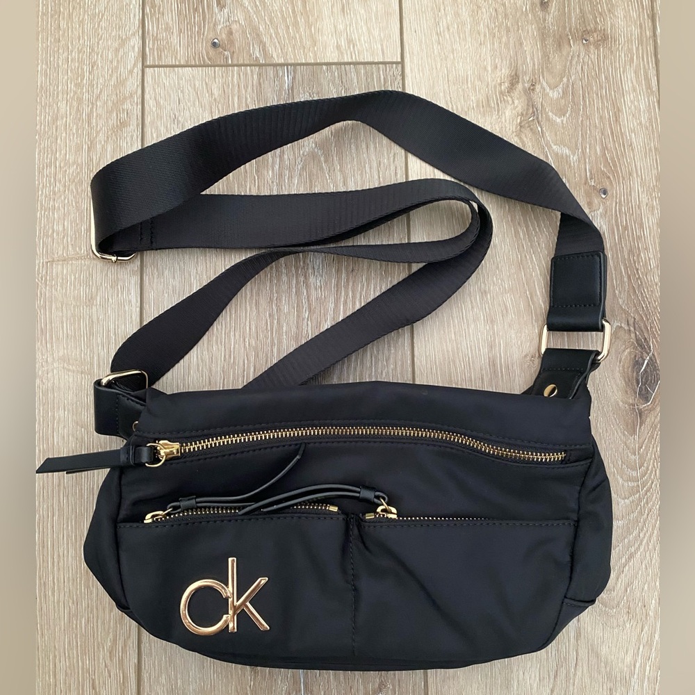 Calvin Klein Black with Gold Zippers Crossbody Shoulder Bag